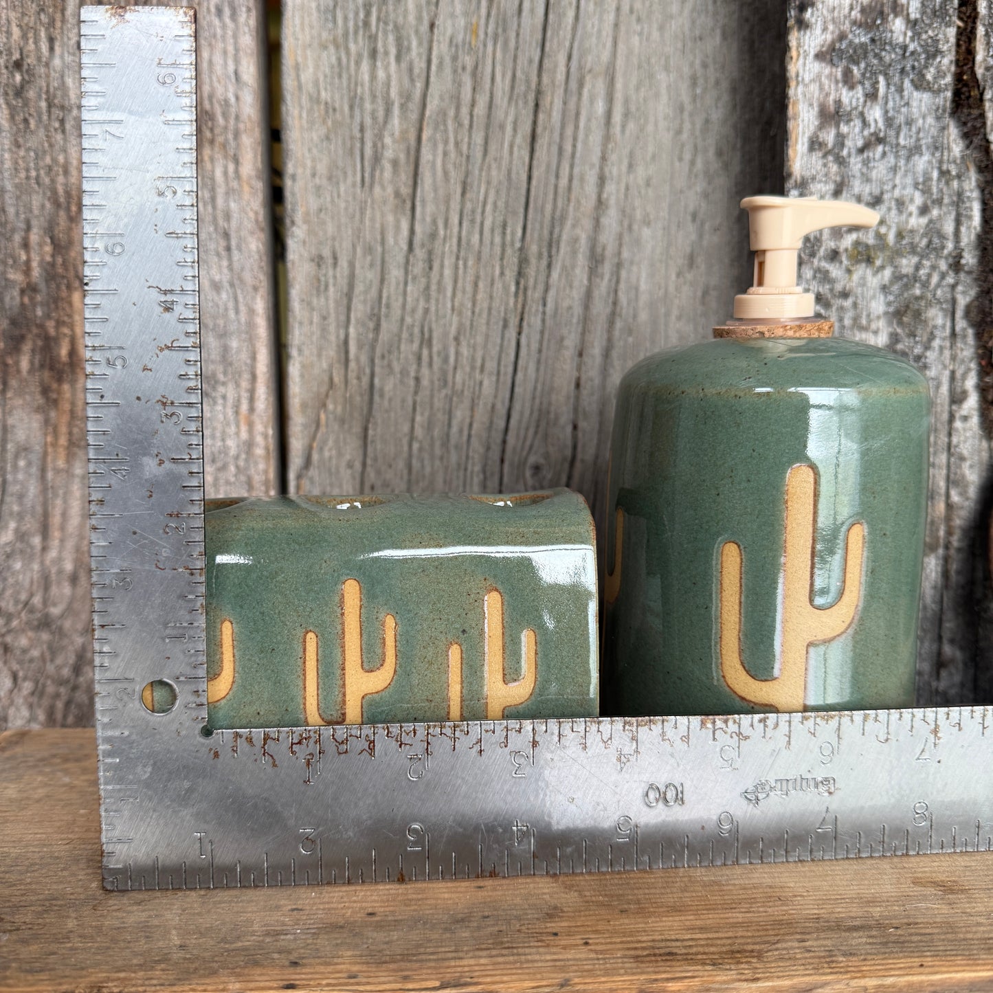 Bathroom Set of 2 - Soap Bottle, toothbrush holder - Cactus Sagebrush