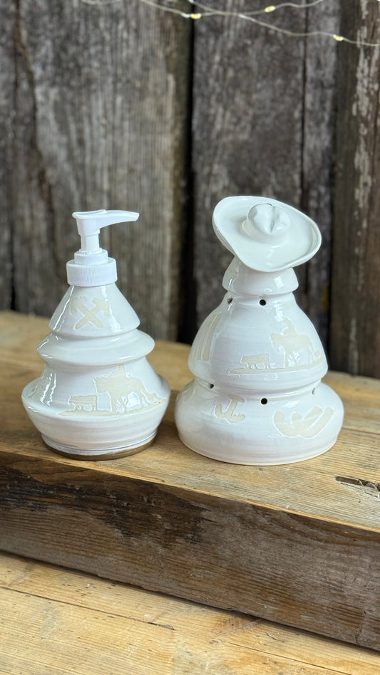 Cowboy Christmas tree luminary and soap dispenser