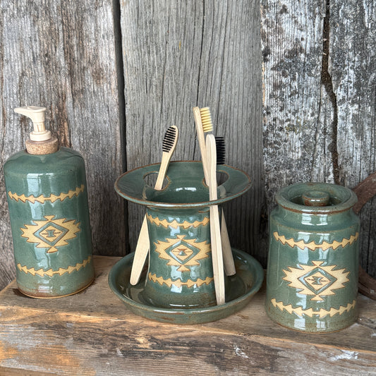 Bathroom Set of 3 - Soap Bottle, canister, and toothbrush holder - Southwestern Sagebrush