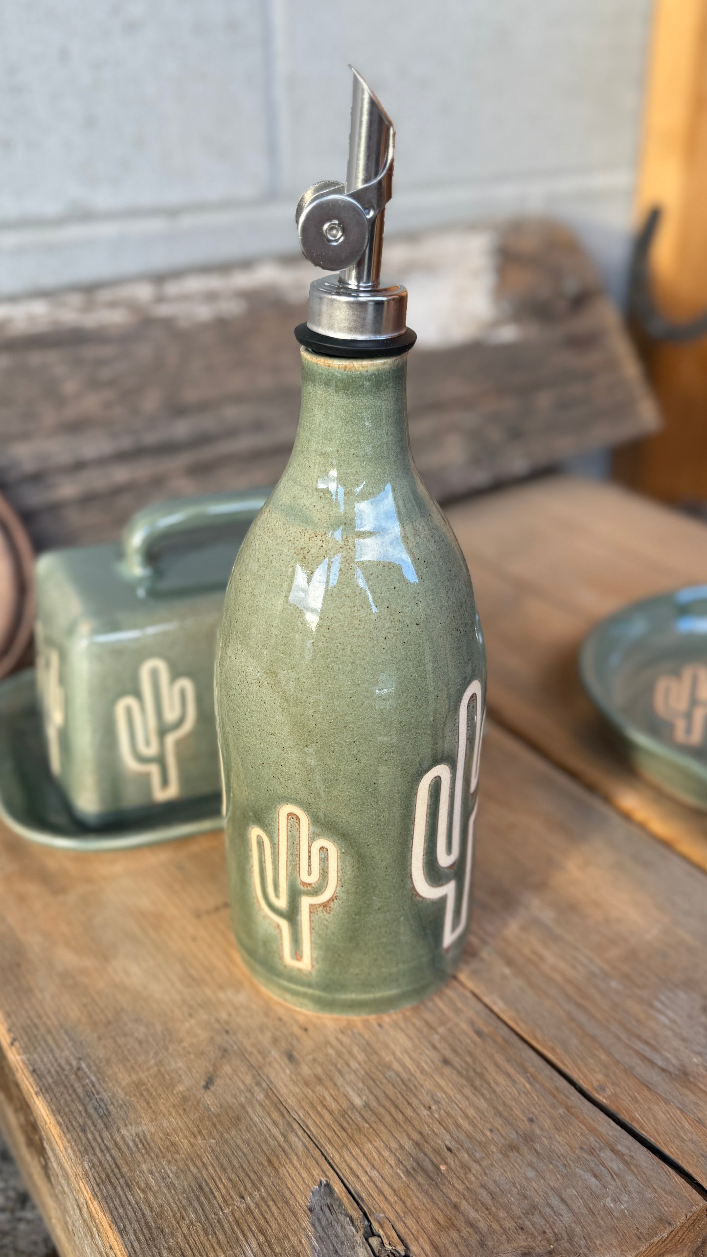 Set- Cactus Butter dish, spoon rest and oil bottle