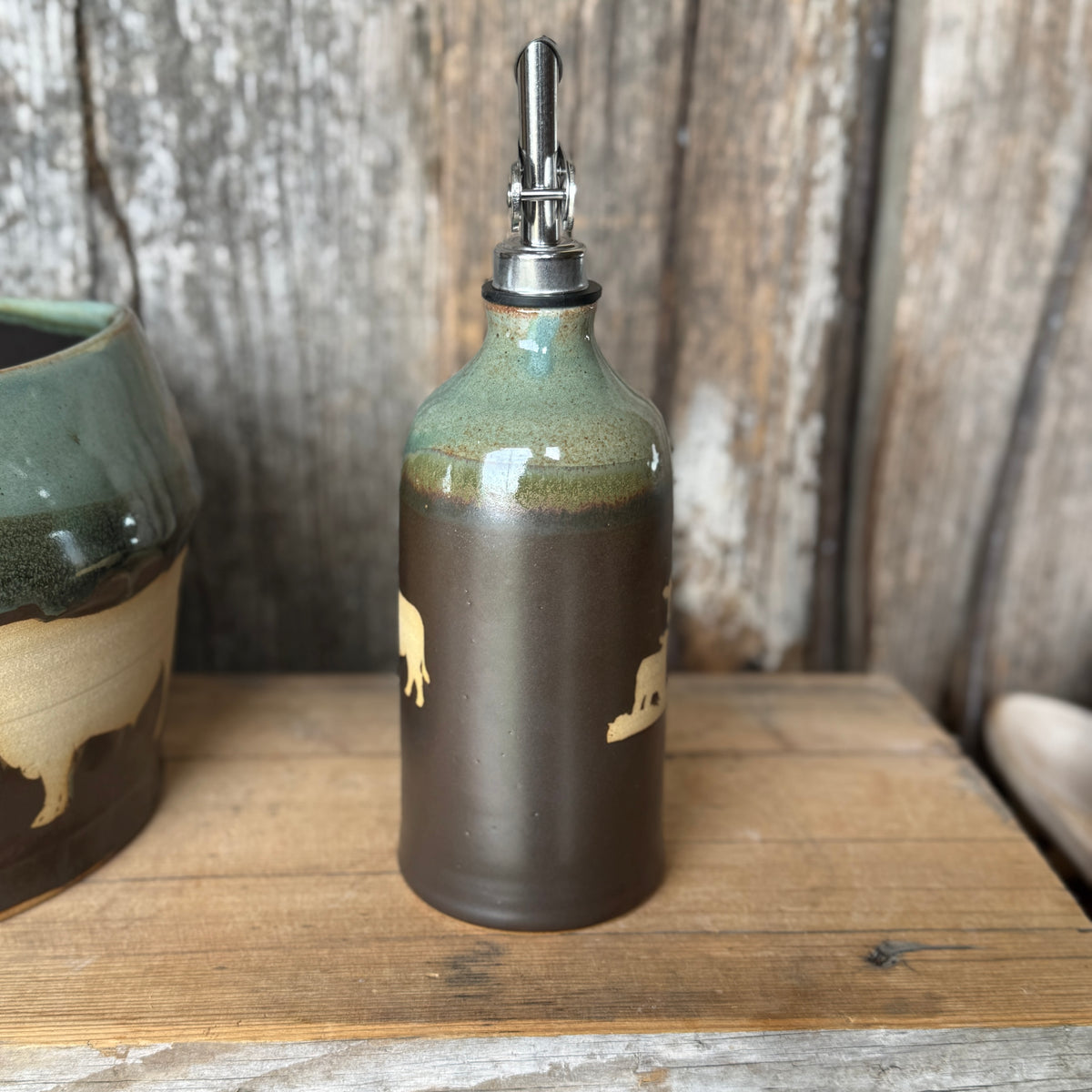 Kitchen Utensil Crock,and Oil Bottle - Leather/ Sagebrush Cattle