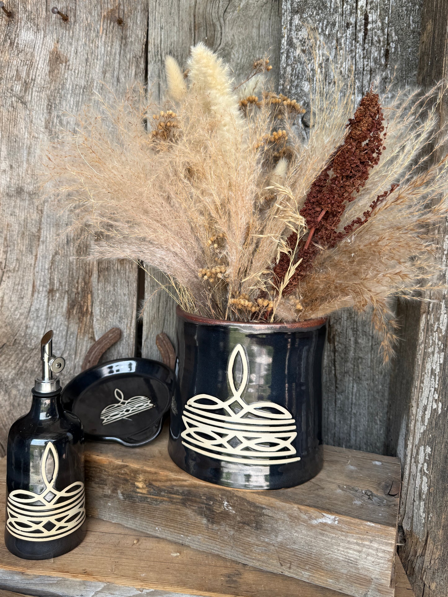 Kitchen Utensil Crock, spoon rest and Oil Bottle - gunmetal boot stitch