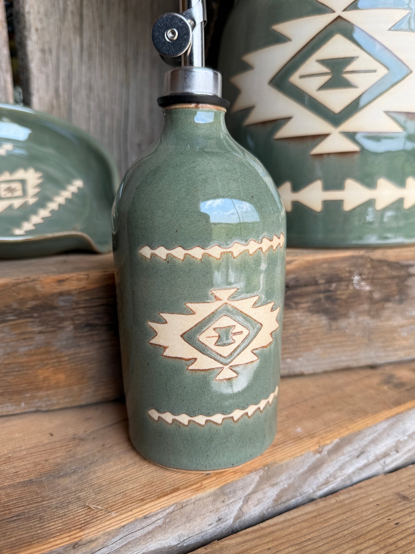 Kitchen Utensil Crock, spoon rest and Oil Bottle - sagebrush southwestern