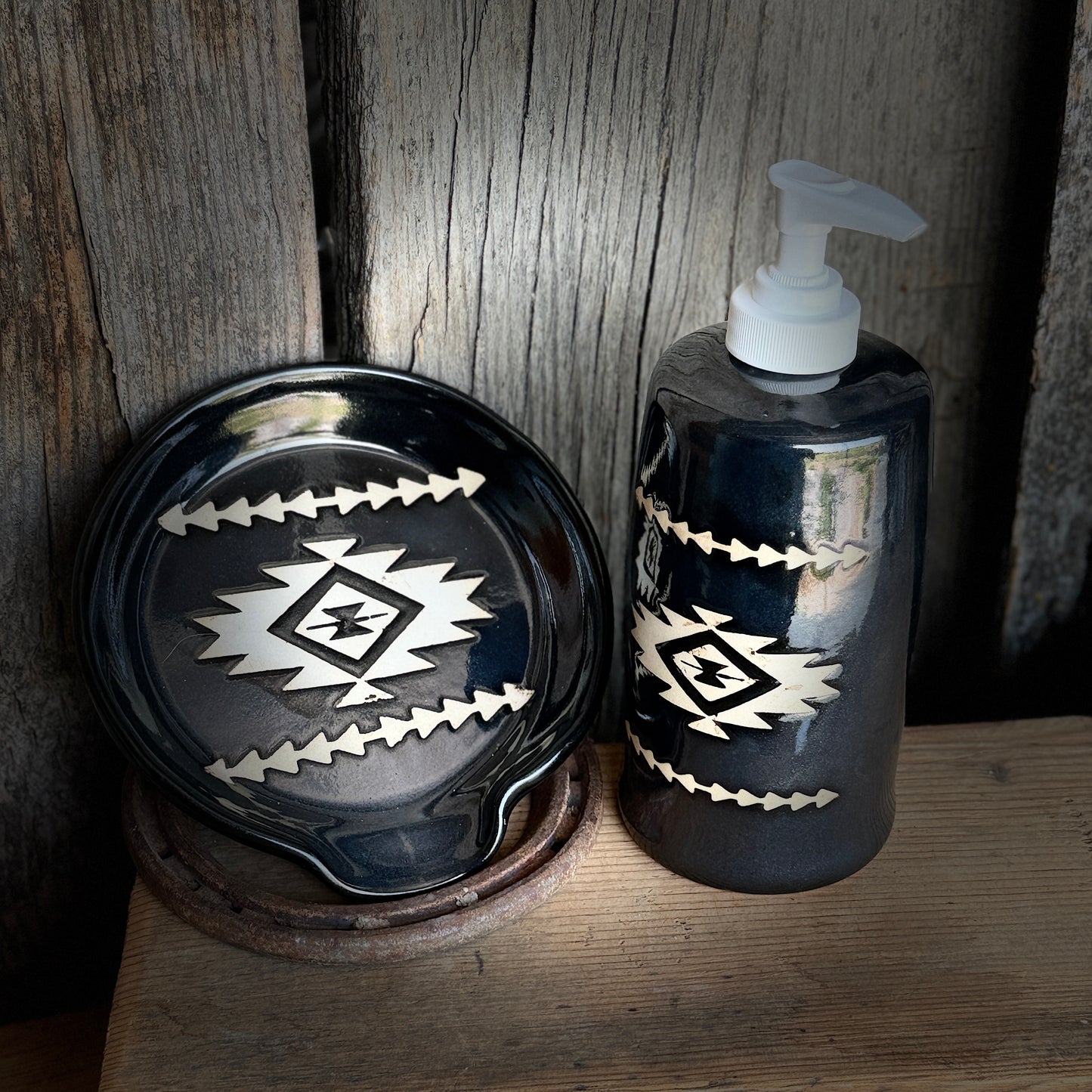 Kitchen Utensil Crock, spoon rest and soap dispenser- gunmetal southwestern