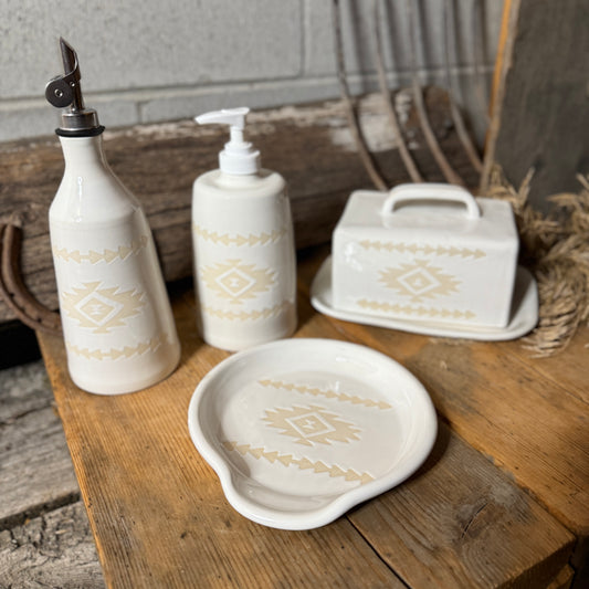 Set of 4 - oil bottle, soap dispenser, spoon rest and Butter dish