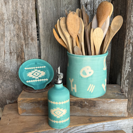 Kitchen Utensil Crock, spoon rest and Oil Bottle - turquoise