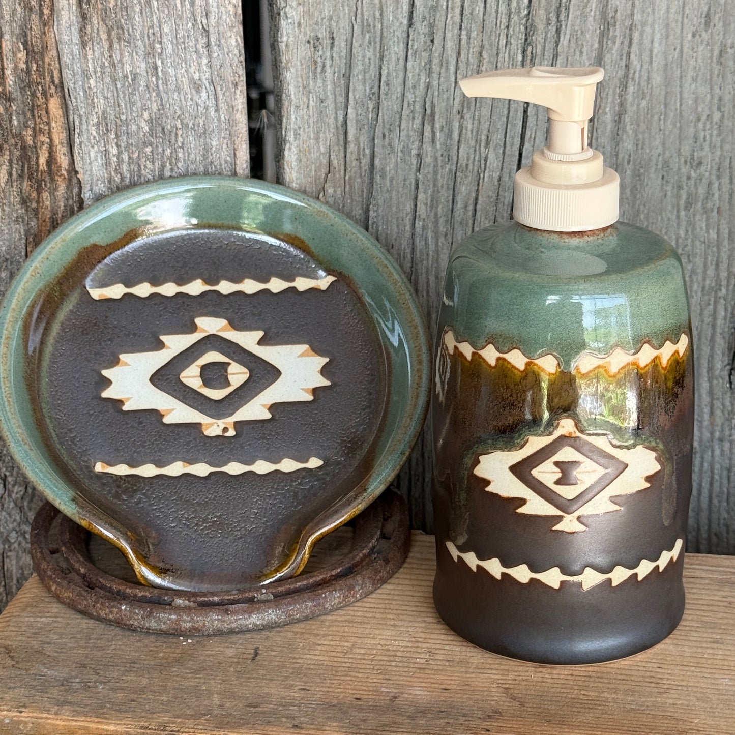 Soap dispenser and spoon rest -  southwestern Sagebrush and Leather