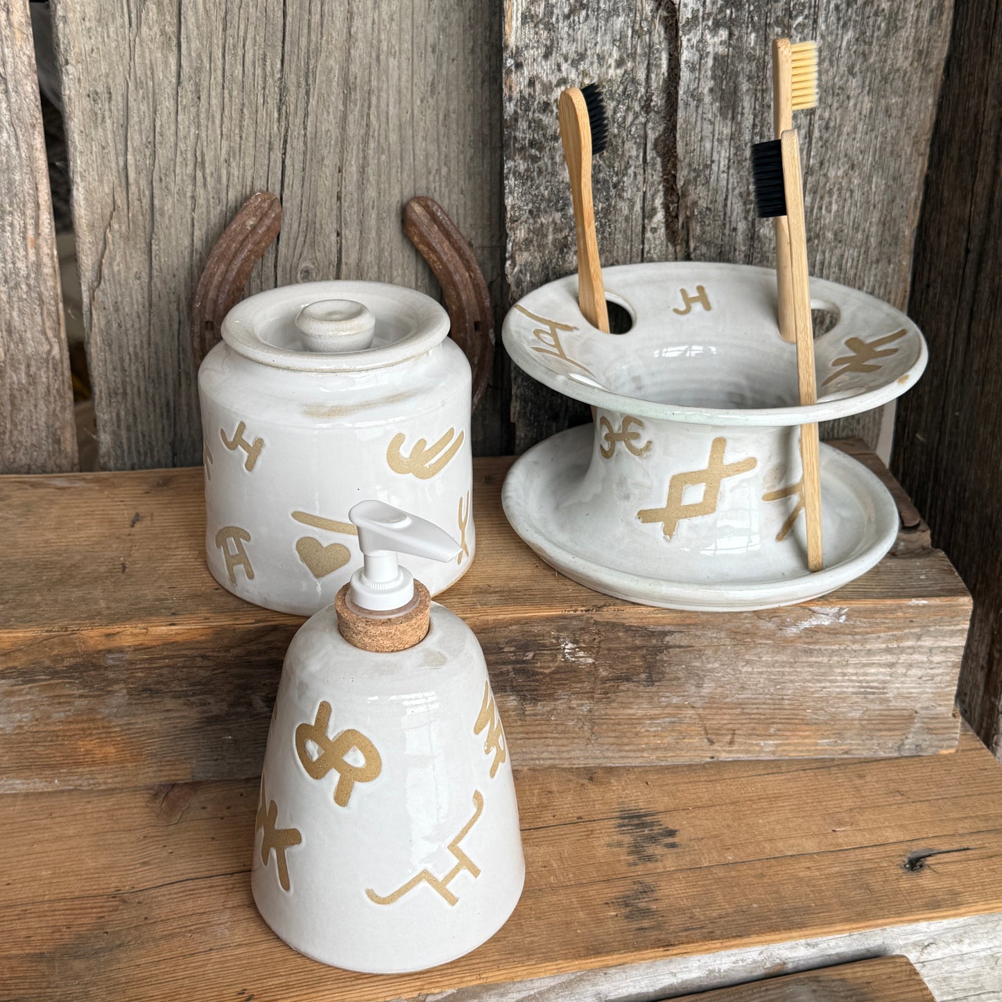 Bathroom Set of 3 - Soap Bottle, canister, and toothbrush holder - Branded White
