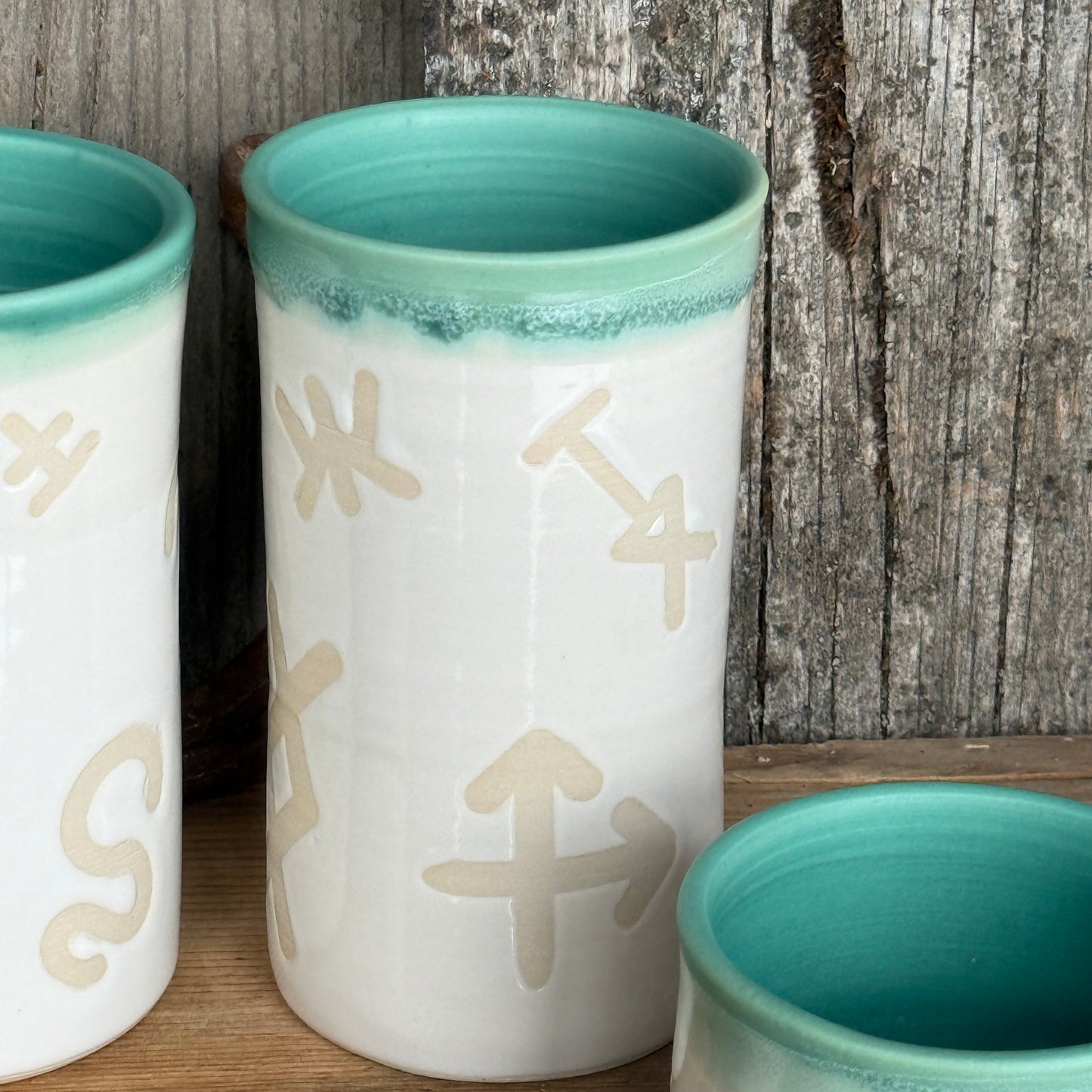 Cup Set of 4 - Branded  White and Turquoise