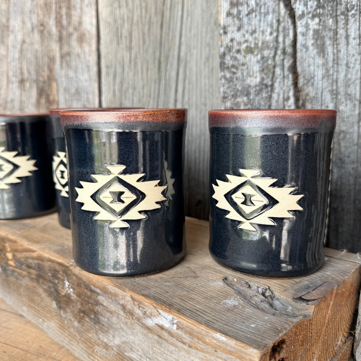 Cup Set of 4 - southwestern copper and gun medal
