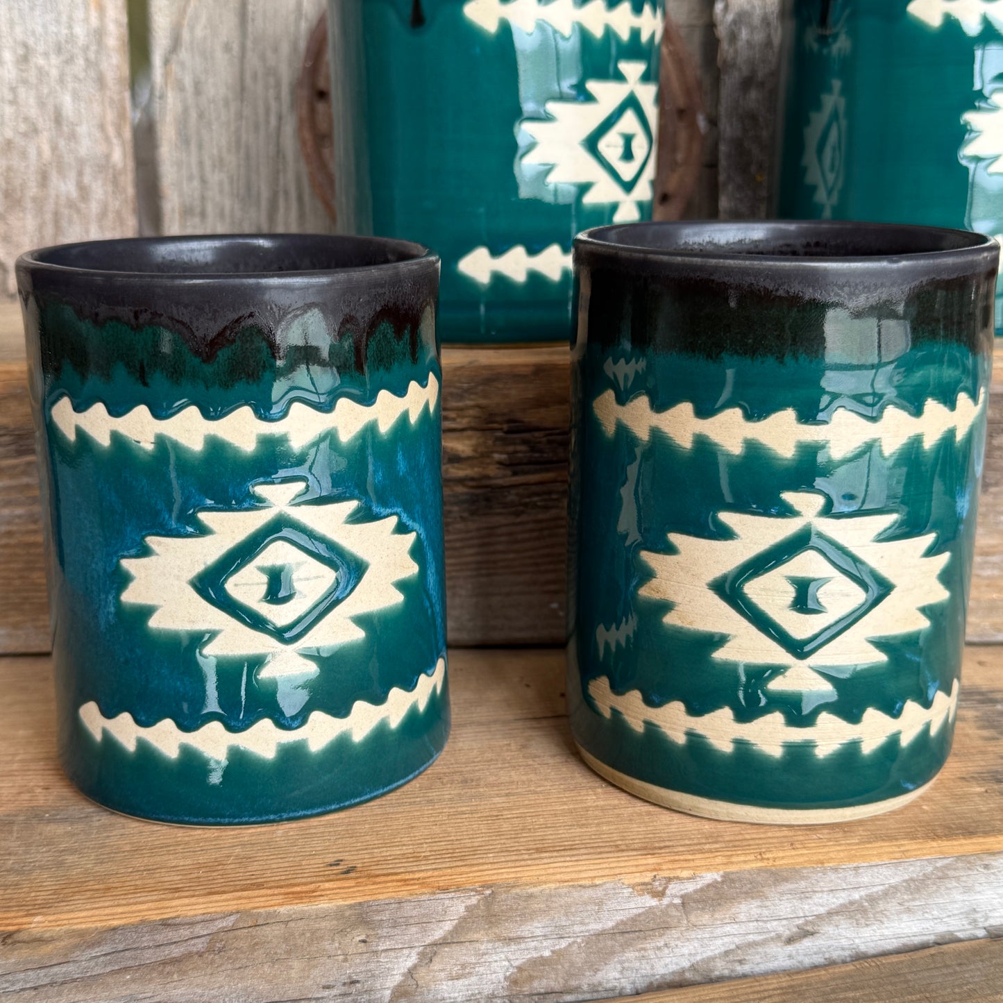 Cup Set of 4 - Southwestern Black and Turquoise Green