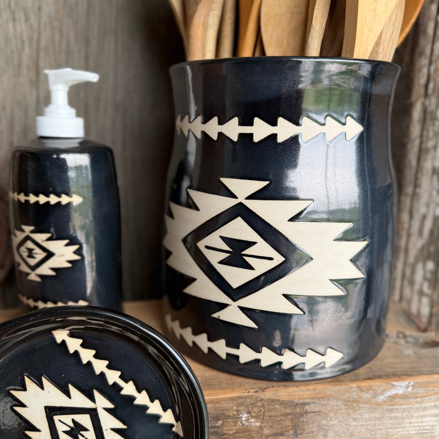 Kitchen Utensil Crock, spoon rest and soap dispenser- gunmetal southwestern
