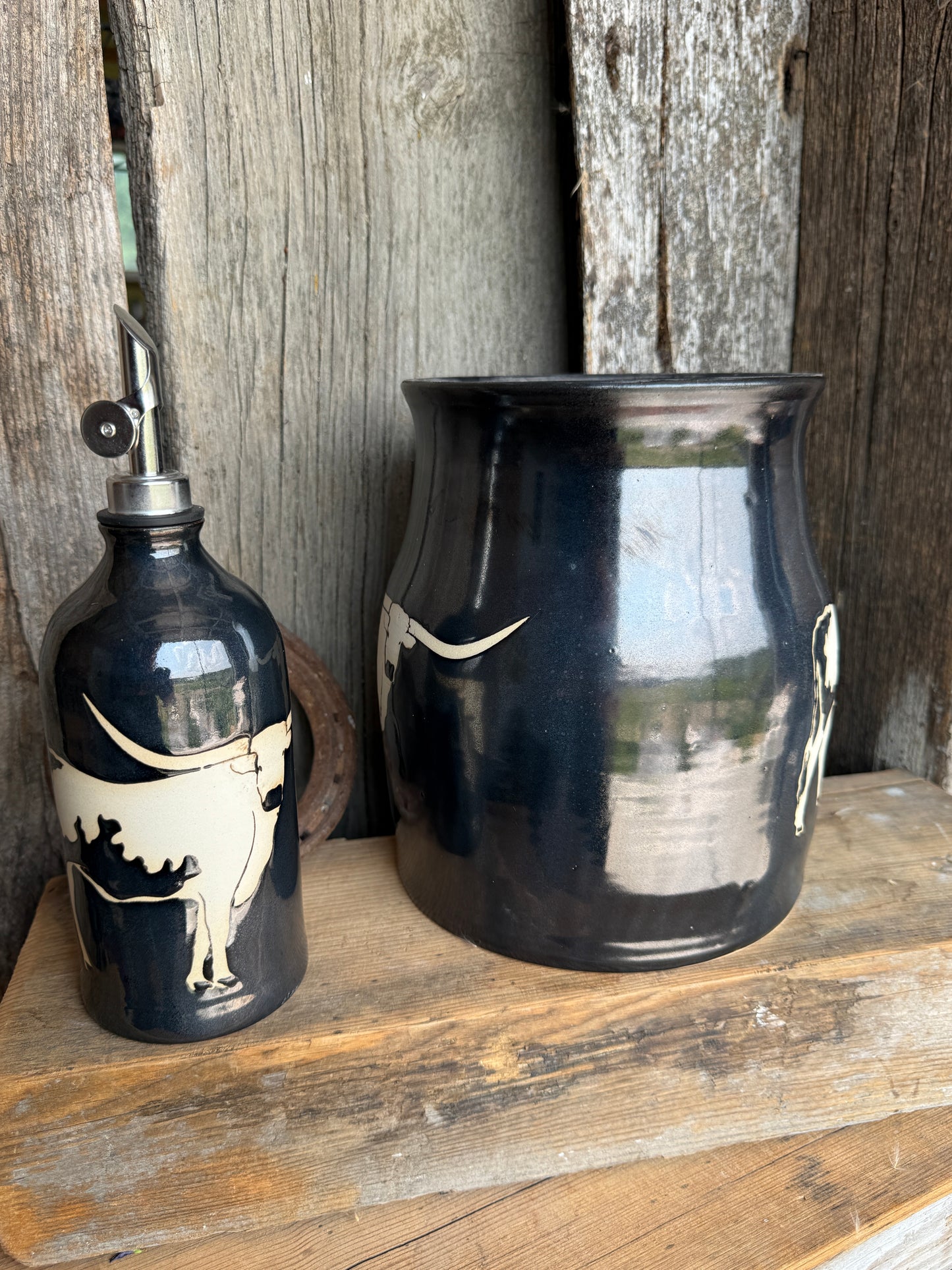 Kitchen Utensil Crock,and Oil Bottle - gunmetal Longhorn