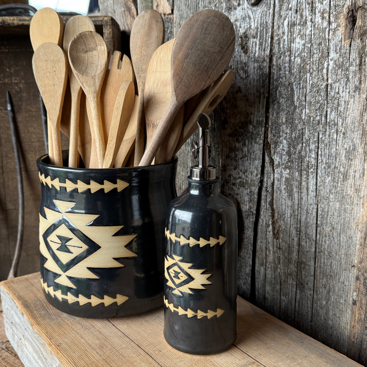 Kitchen Utensil Crock,and Oil Bottle - Gunmetal Southwestern