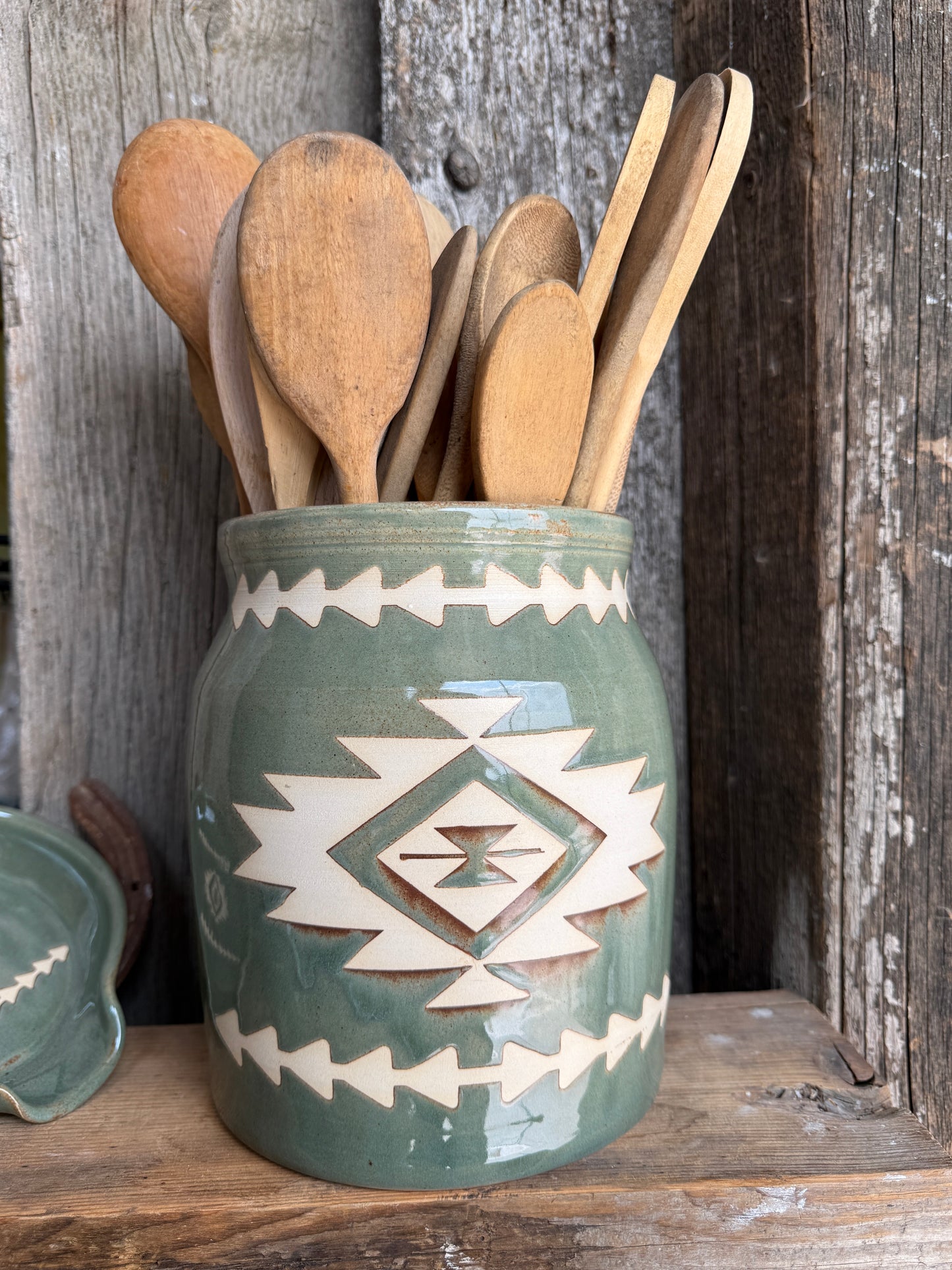 Kitchen Utensil Crock, spoon rest and Oil Bottle - sagebrush southwestern