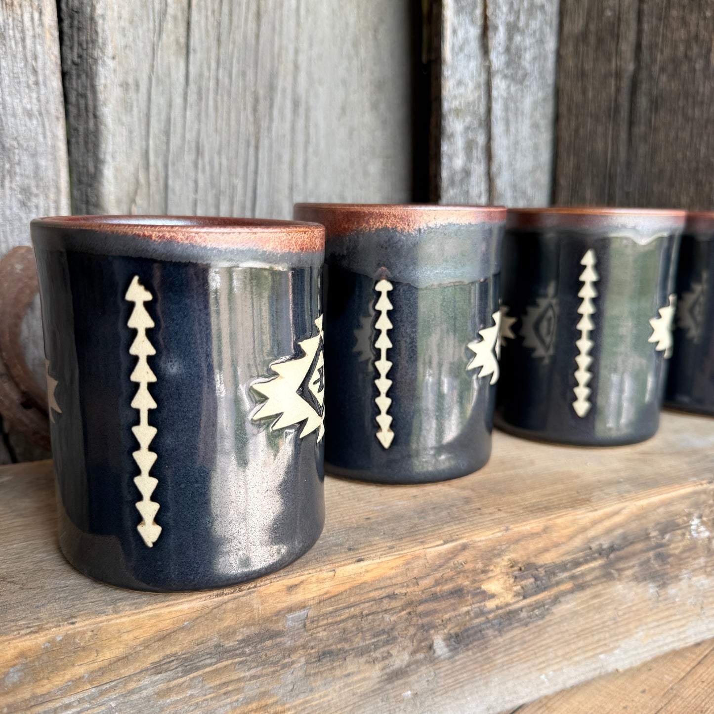 Cup Set of 4 - southwestern copper and gun medal
