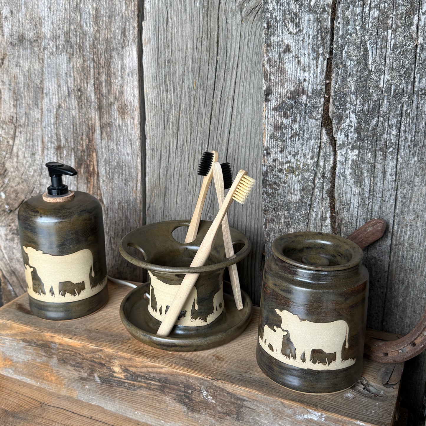 Bathroom Set of 3 - Soap Bottle, canister, and toothbrush holder (regular and electric)  - Cow Calf