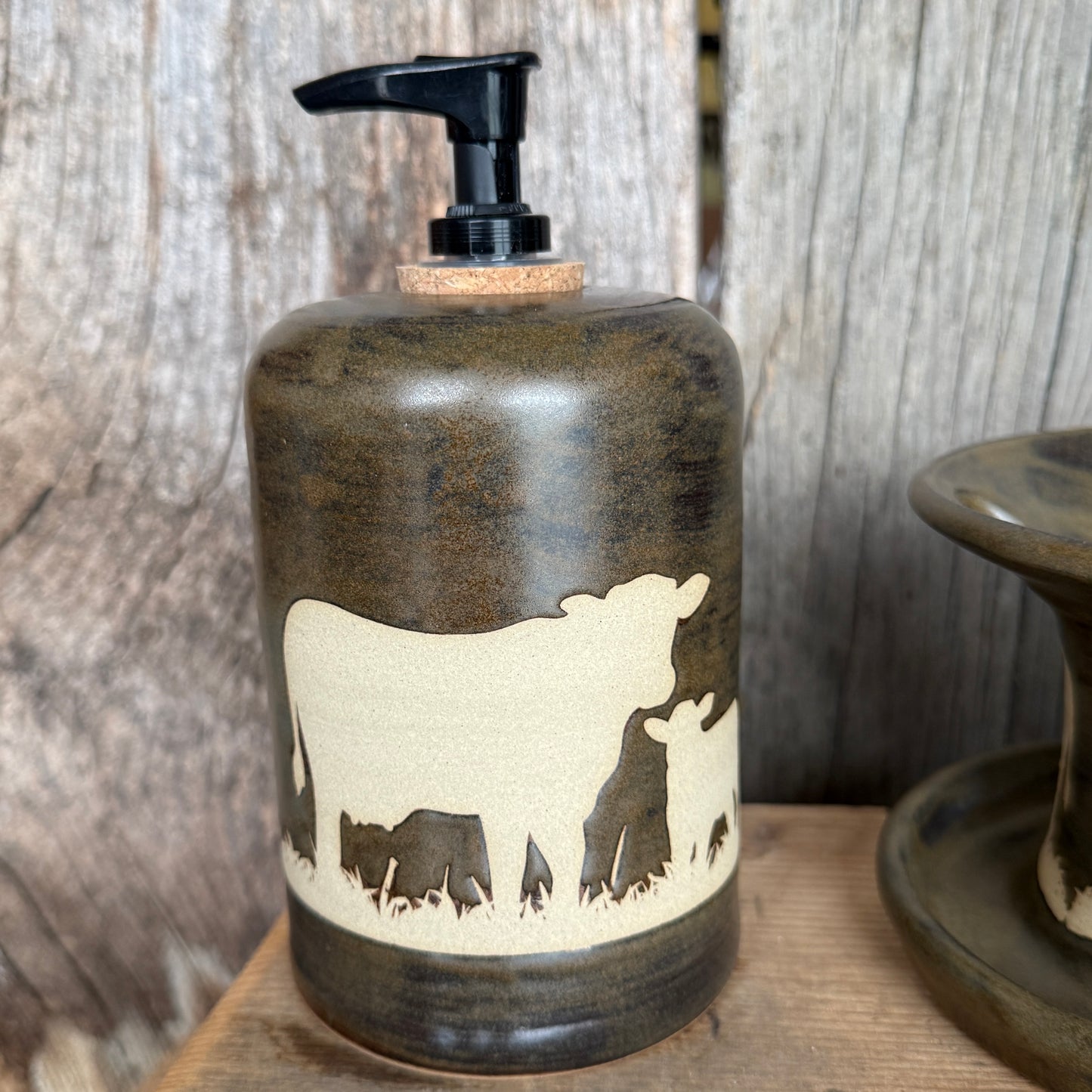 Bathroom Set of 3 - Soap Bottle, canister, and toothbrush holder (regular and electric)  - Cow Calf