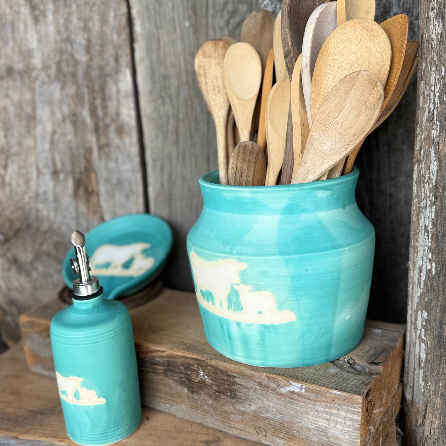 Kitchen Utensil Crock, spoon rest and Oil Bottle - turquoise cattle