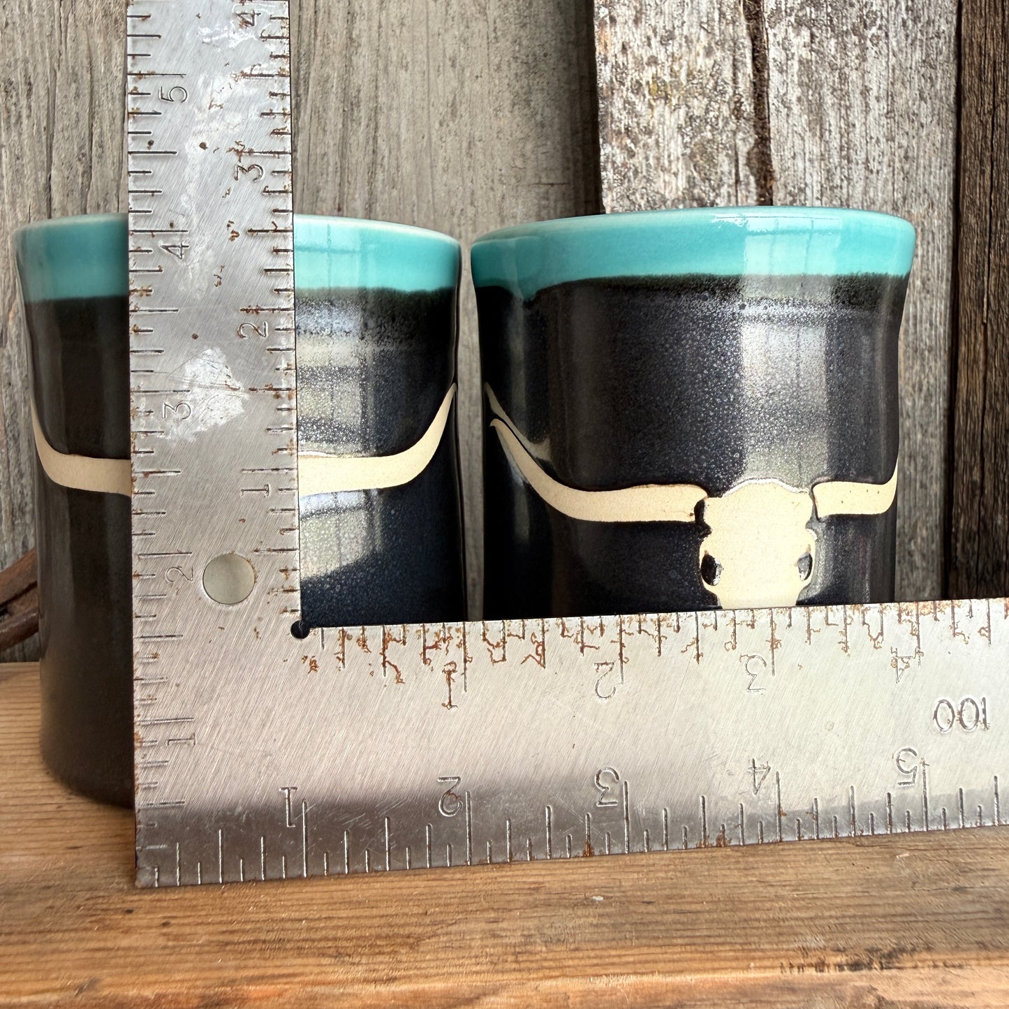 Cup Set of 2-  Longhorn skull Turquoise and Gunmetal