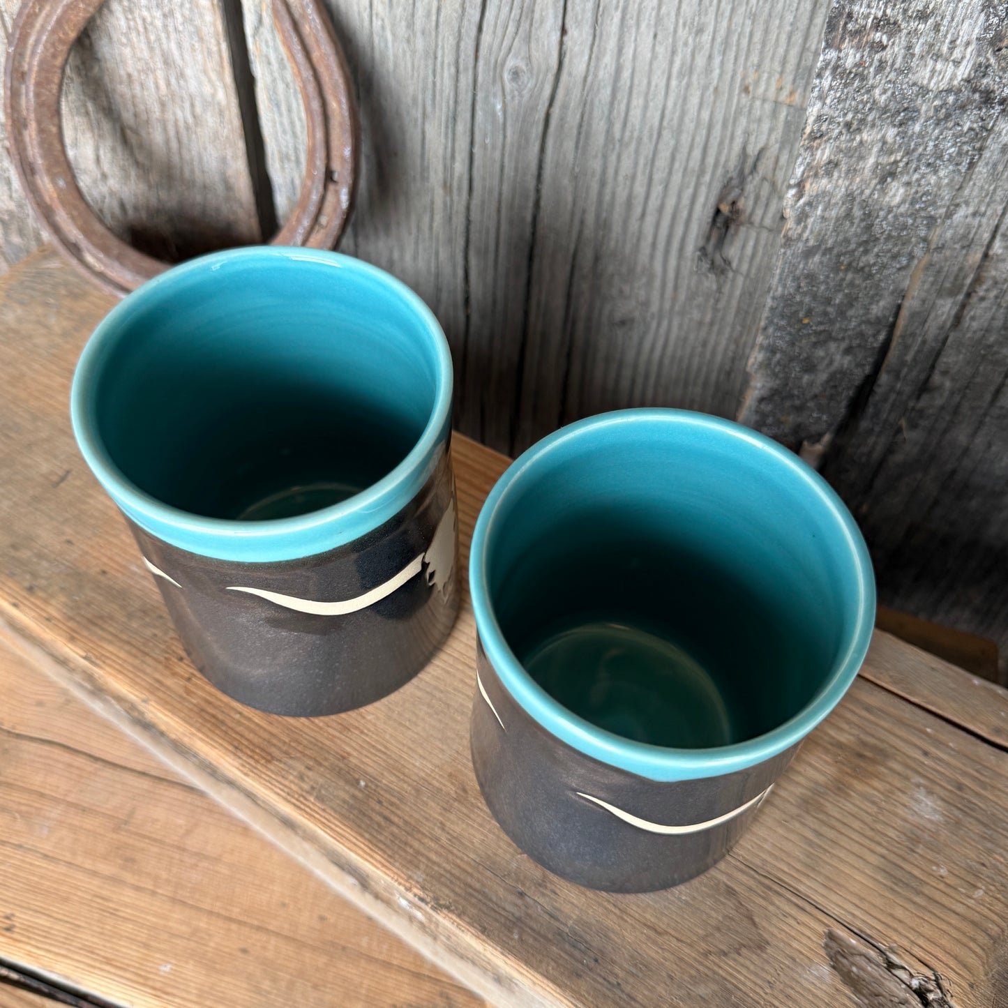 Cup Set of 2-  Longhorn skull Turquoise and Gunmetal