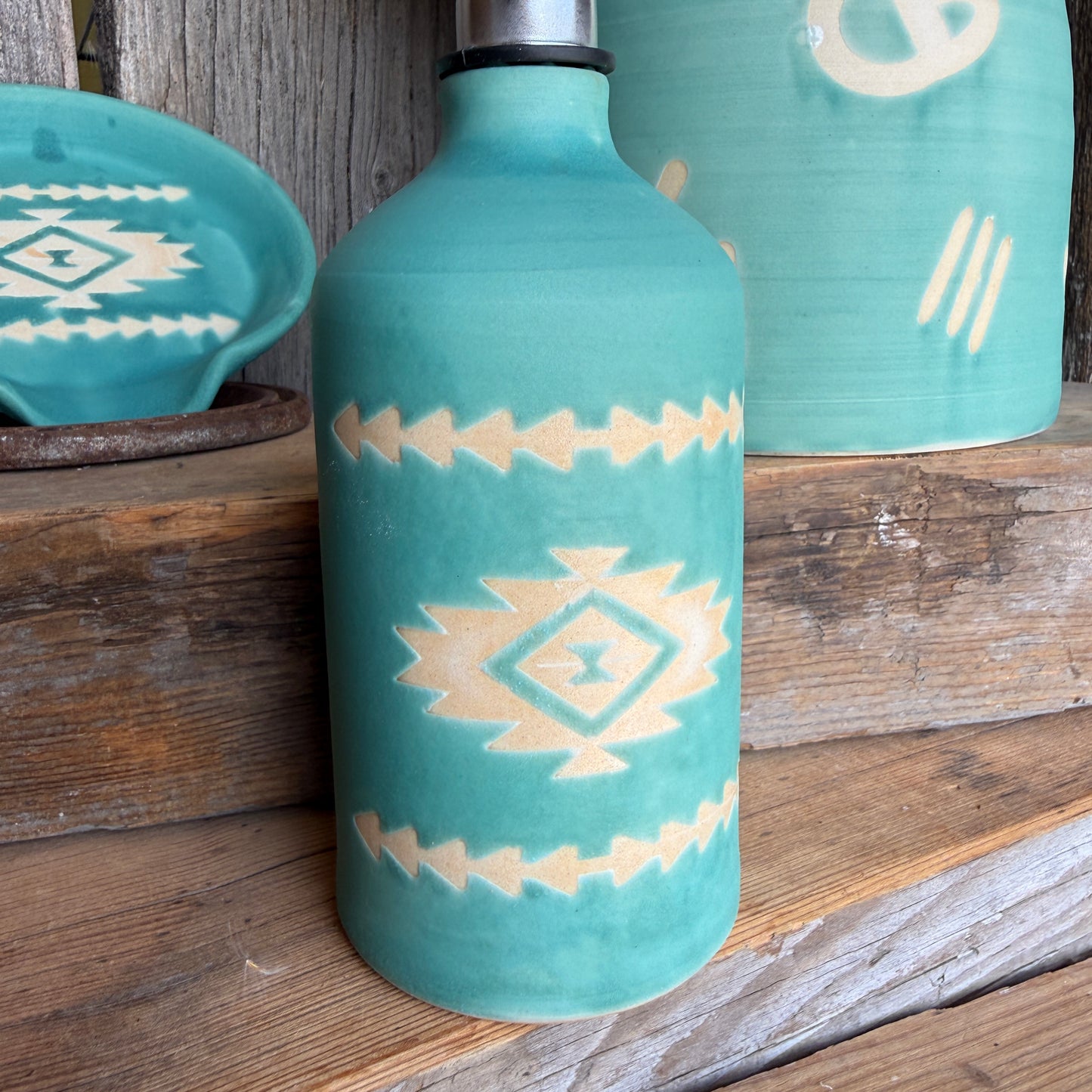 Kitchen Utensil Crock, spoon rest and Oil Bottle - turquoise