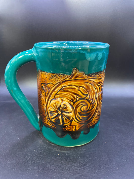 Carved Leather and Turquoise Mug