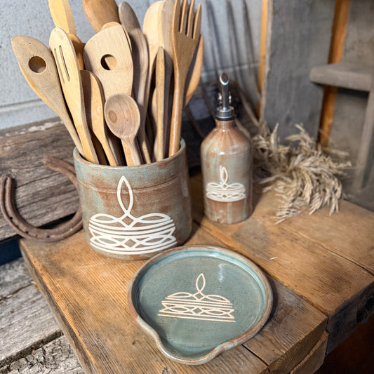 Set of 3- Kitchen crock, spoon rest, oil bottle