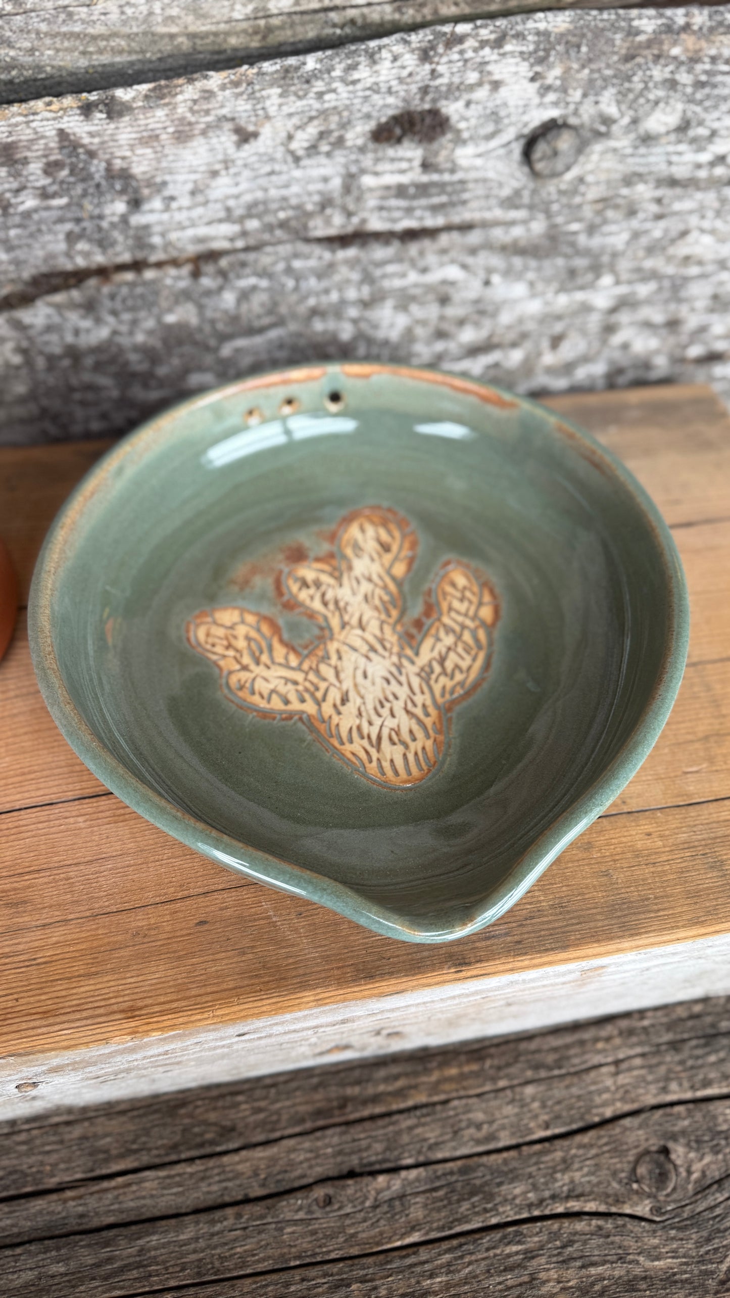 7” Prickly Pear Cactus Garlic Keeper and  Grate Plate