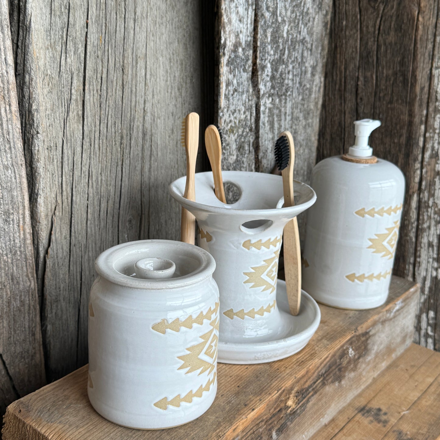 Bathroom Set of 3 - Soap Bottle, canister, and toothbrush holder - Southwestern White
