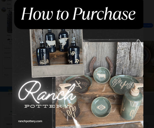 HOW TO PURCHASE - oil bottle, soap dispenser , butter dish, vase, bathroom set, crocks, plates, bowls, canisters, spoon rest, cowboy hat, dinner set