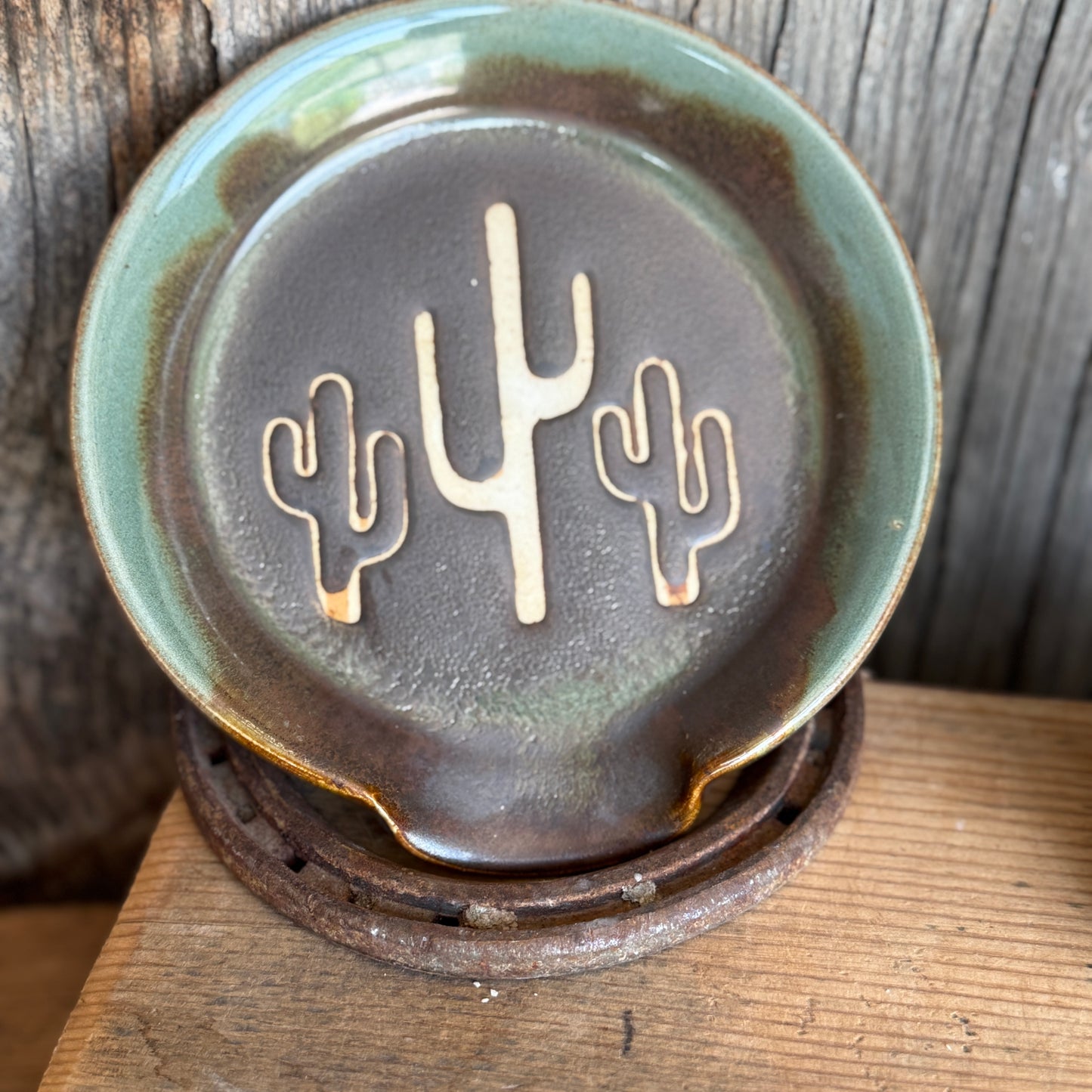 Soap dispenser and spoon rest -  Cactus Sagebrush and Leather