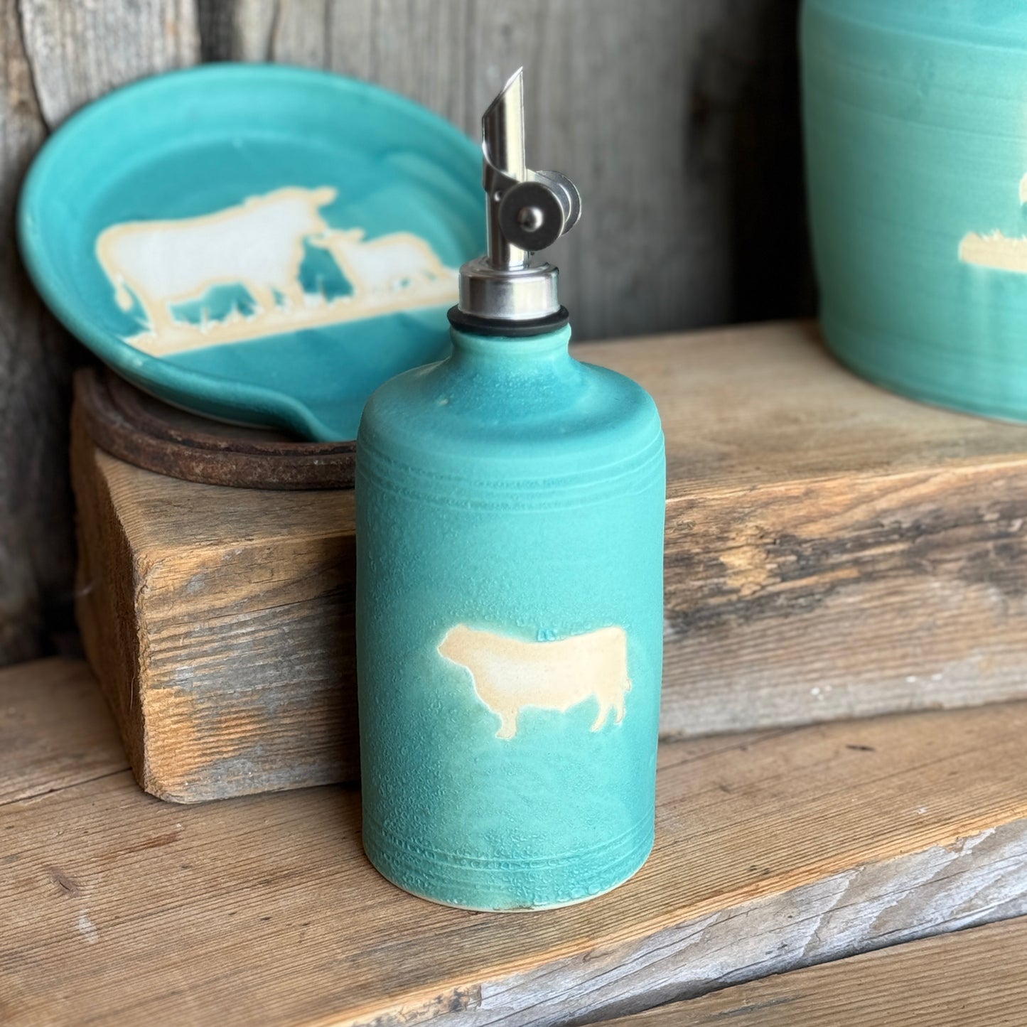Kitchen Utensil Crock, spoon rest and Oil Bottle - turquoise cattle