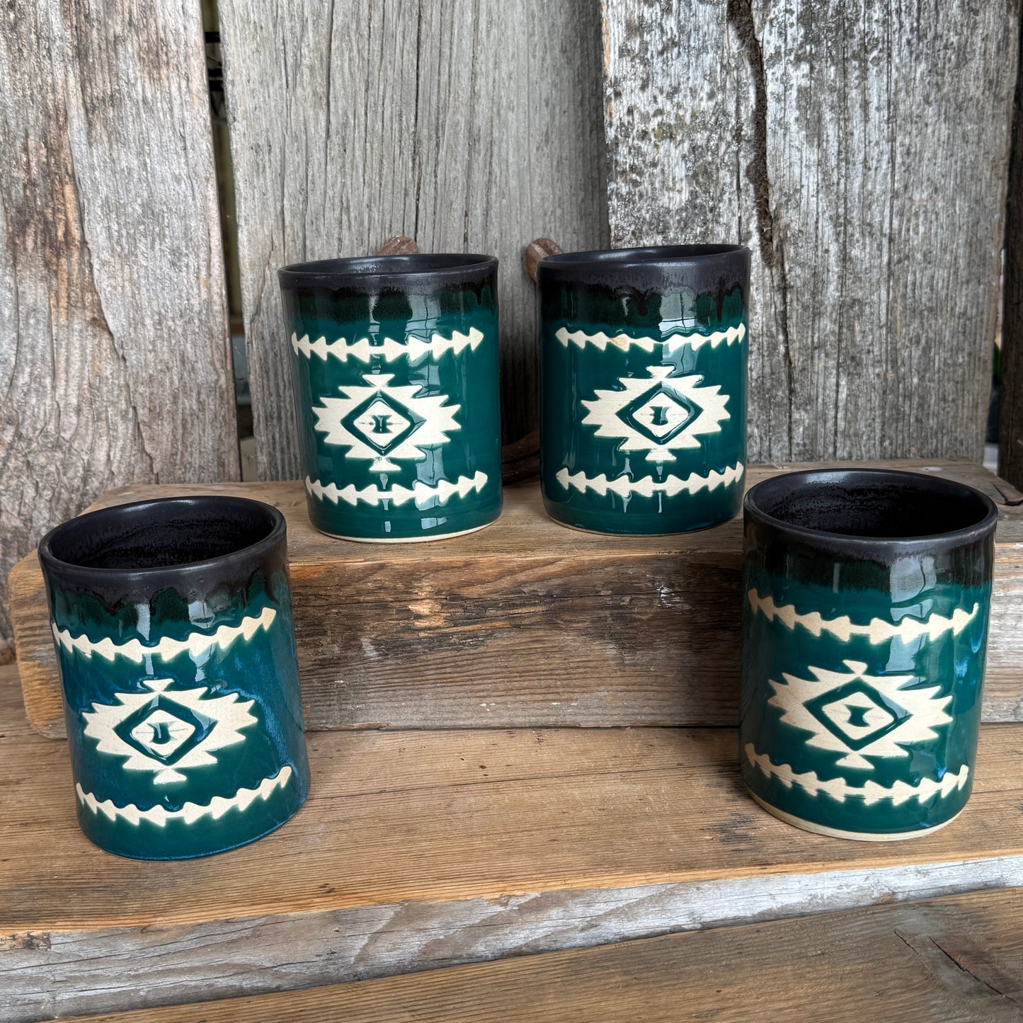 Cup Set of 4 - Southwestern Black and Turquoise Green