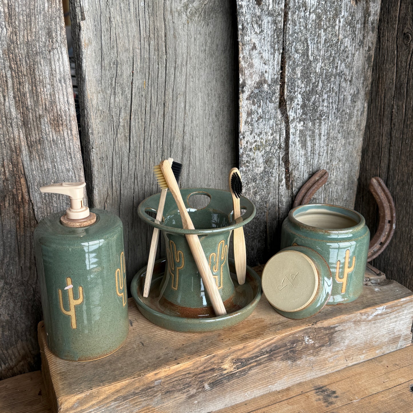 Bathroom Set of 3 - Soap Bottle, canister, and toothbrush holder - Sagebrush Cactus