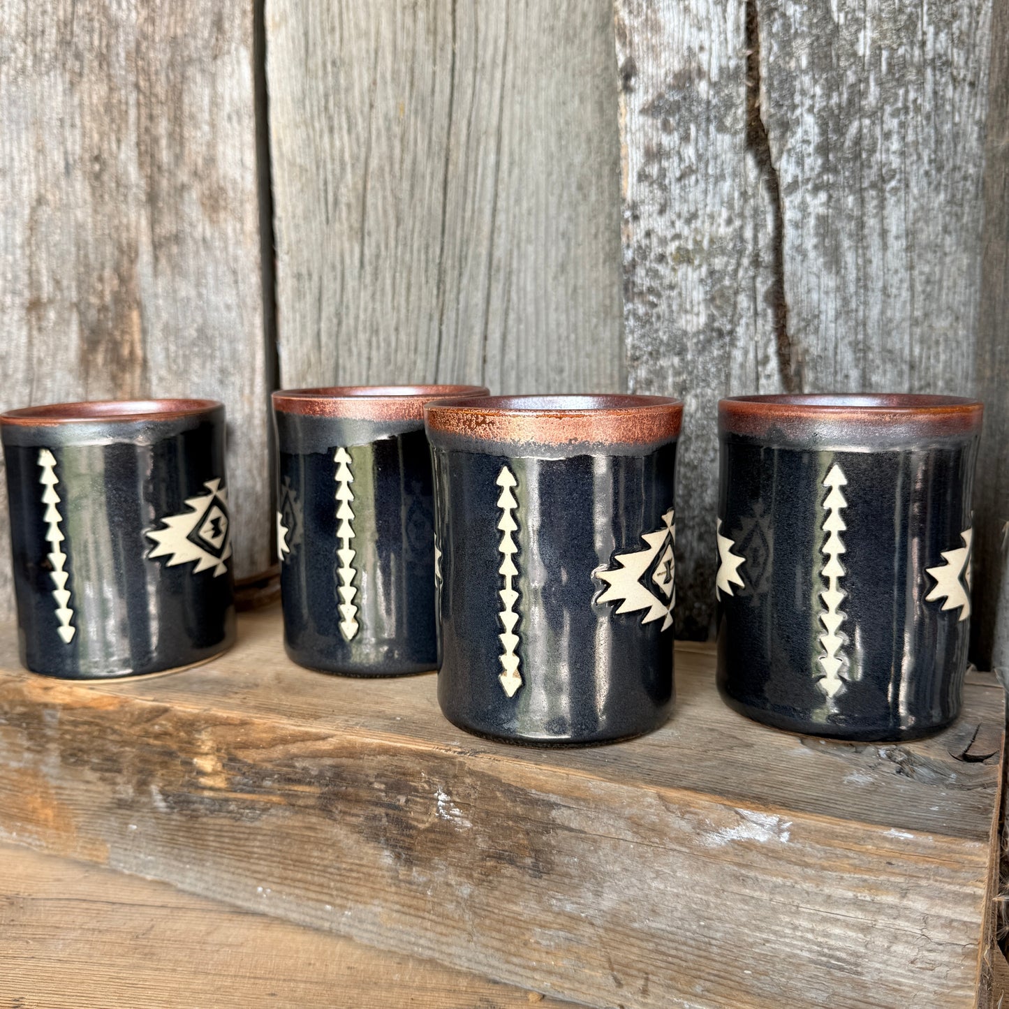 Cup Set of 4 - southwestern copper and gun medal