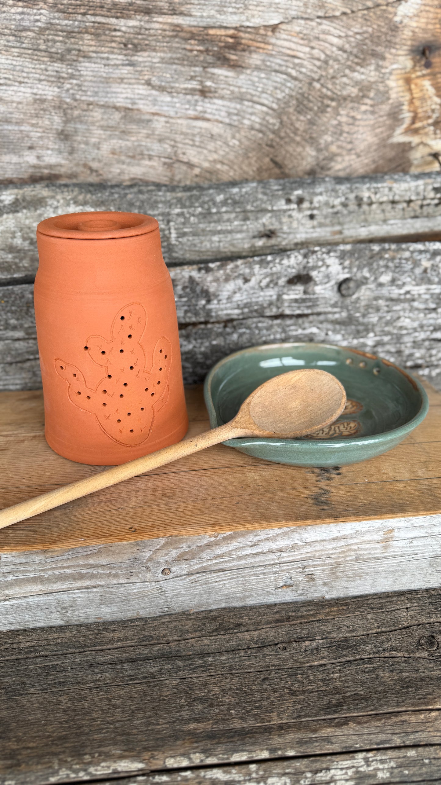 7” Prickly Pear Cactus Garlic Keeper and  Grate Plate