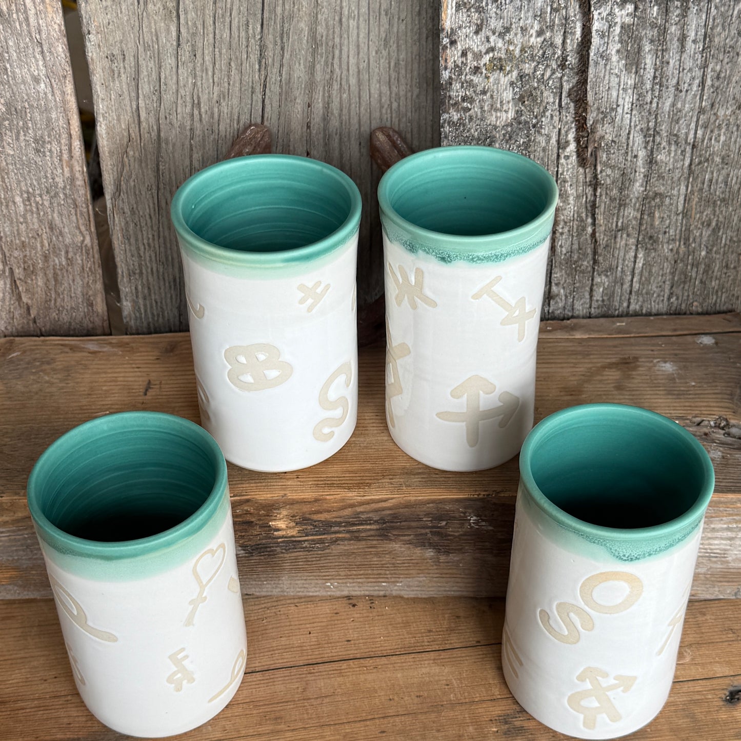 Cup Set of 4 - Branded  White and Turquoise