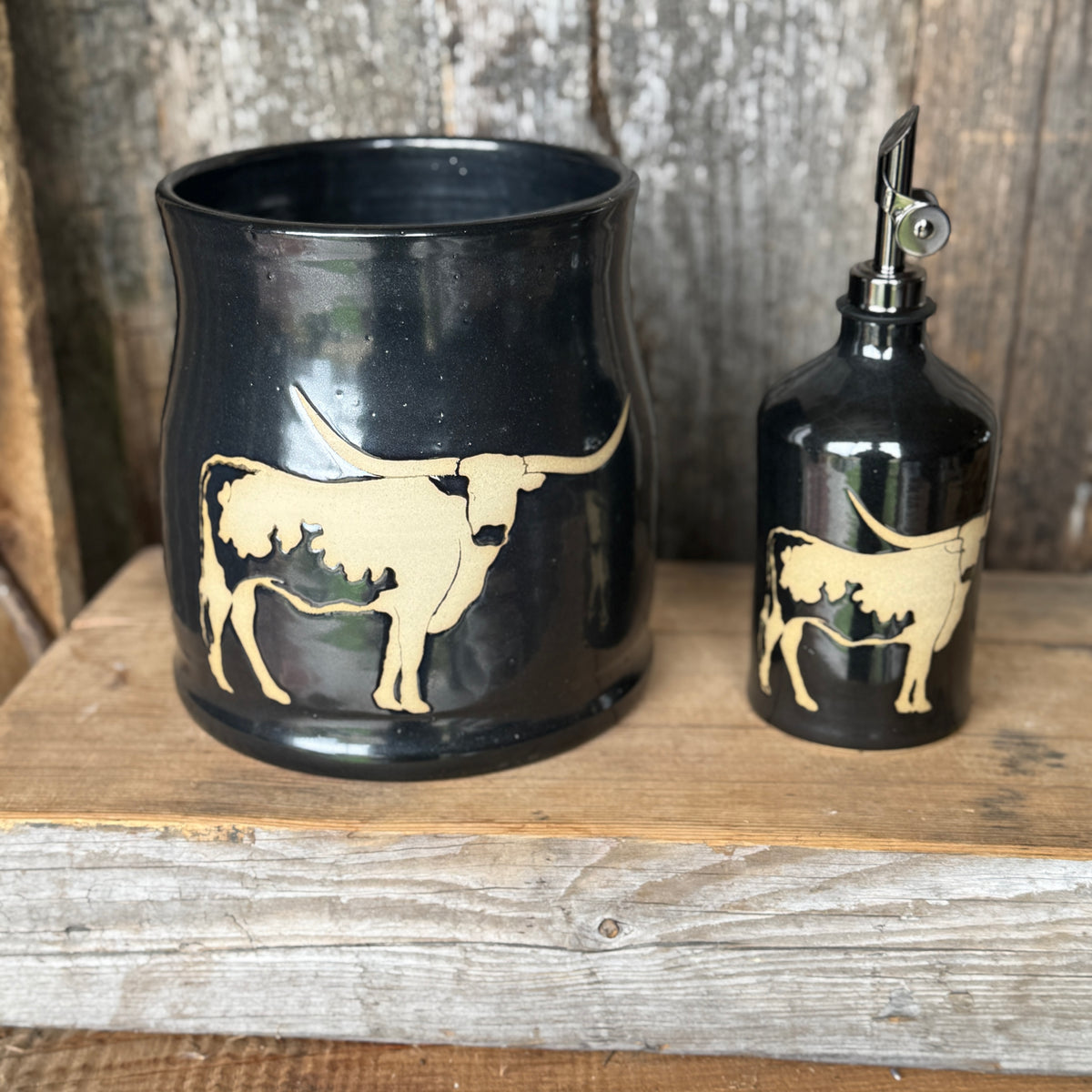 Kitchen Utensil Crock,and Oil Bottle - Gunmetal Longhorn