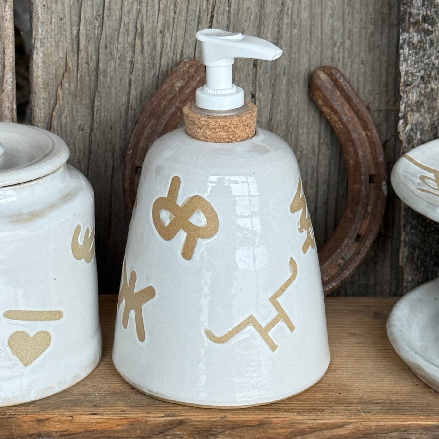 Bathroom Set of 3 - Soap Bottle, canister, and toothbrush holder - Branded White
