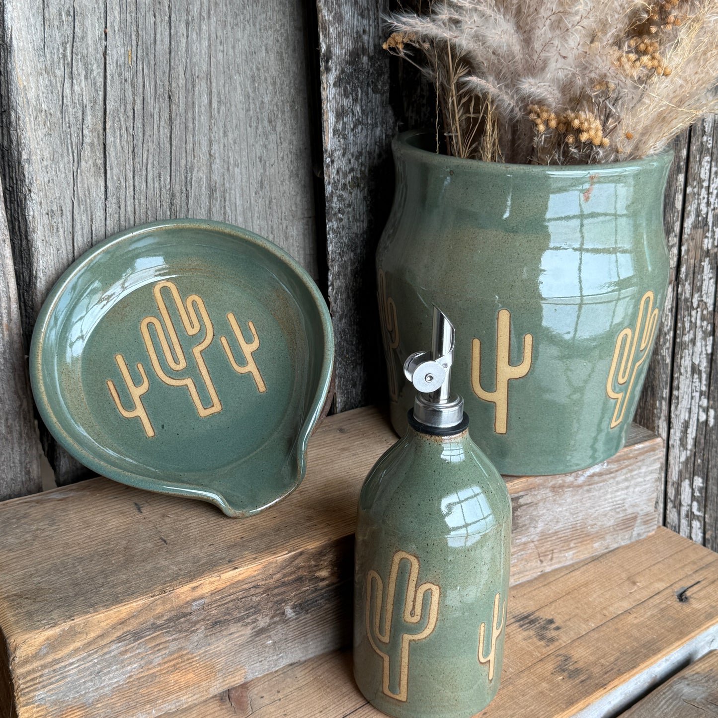 Kitchen Utensil Crock, spoon rest and Oil Bottle - Cactus Sagebrush