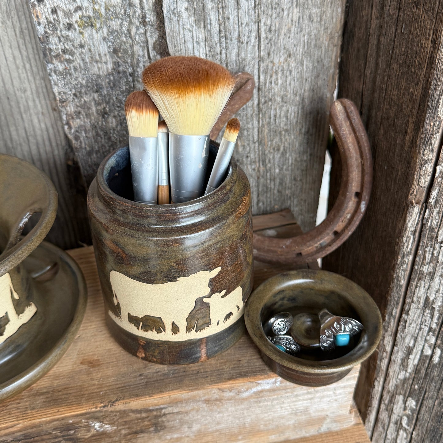 Bathroom Set of 3 - Soap Bottle, canister, and toothbrush holder (regular and electric)  - Cow Calf