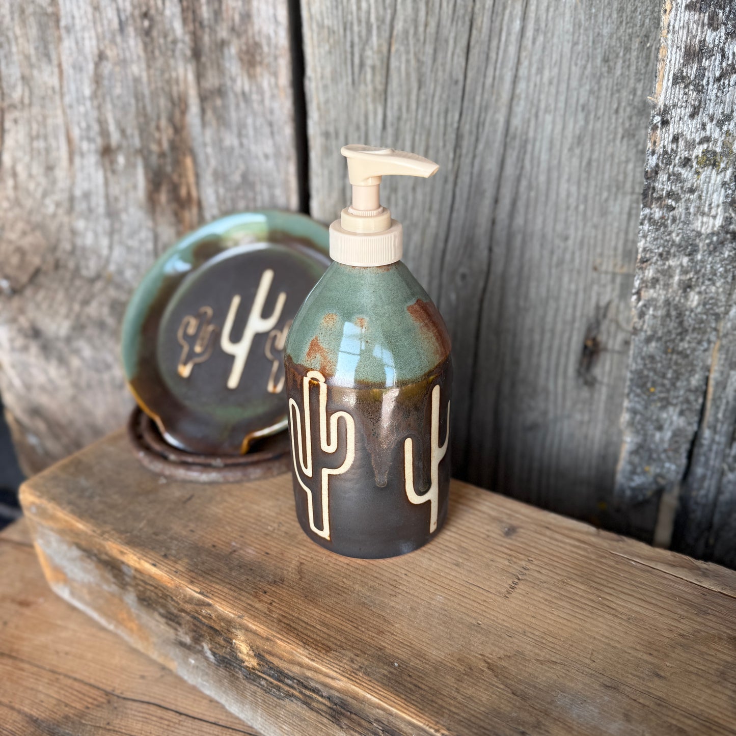 Soap dispenser and spoon rest -  Cactus Sagebrush and Leather