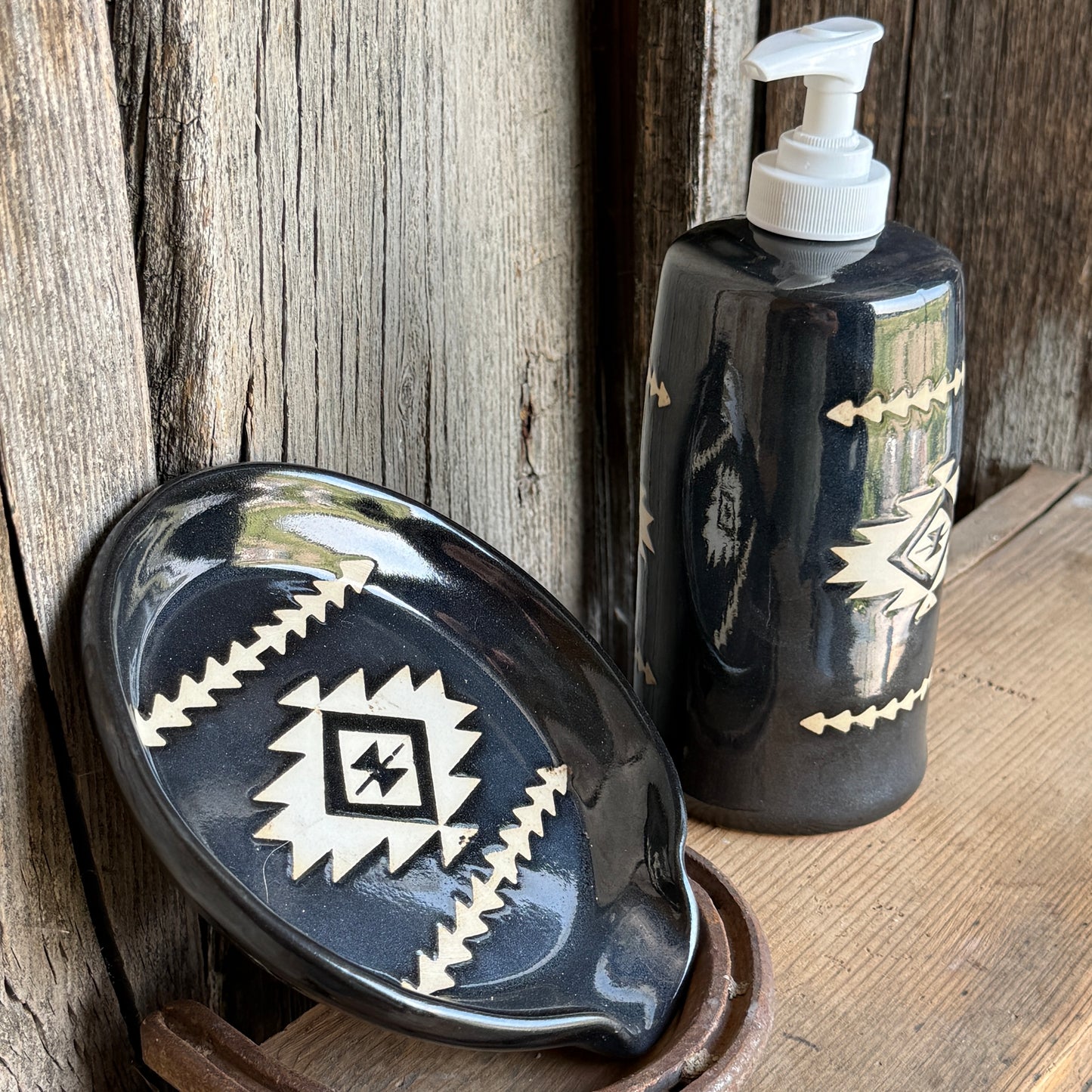 Kitchen Utensil Crock, spoon rest and soap dispenser- gunmetal southwestern