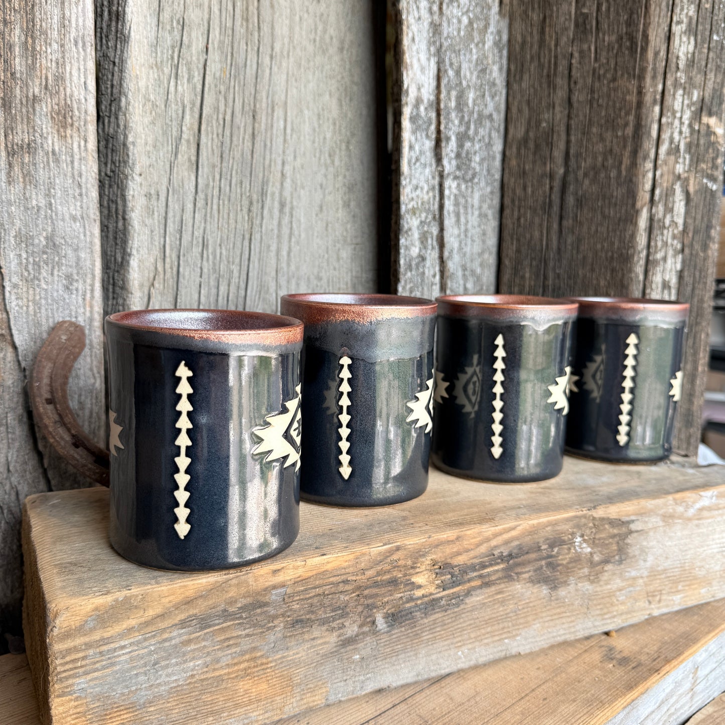 Cup Set of 4 - southwestern copper and gun medal