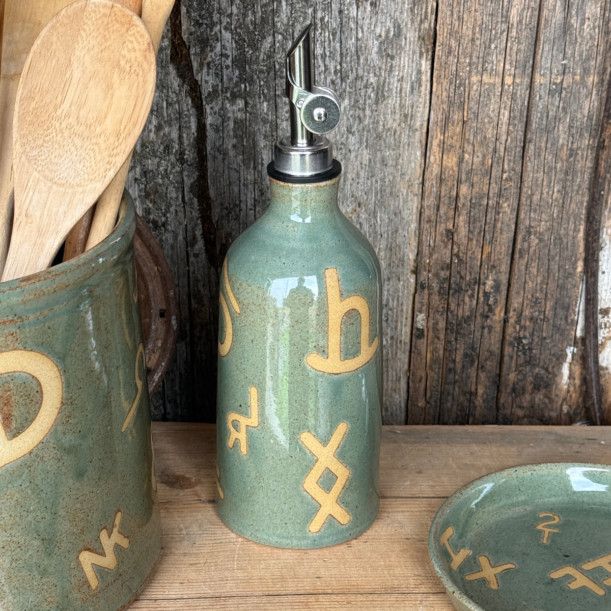 Kitchen Utensil Crock, spoon rest and oil bottle- Sagebrush Branded