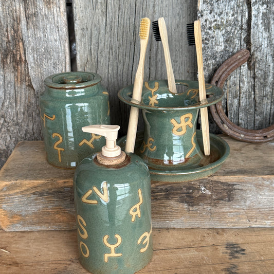 Bathroom Set of 3 - Soap Bottle, canister, and toothbrush holder - Branded Sagebrush