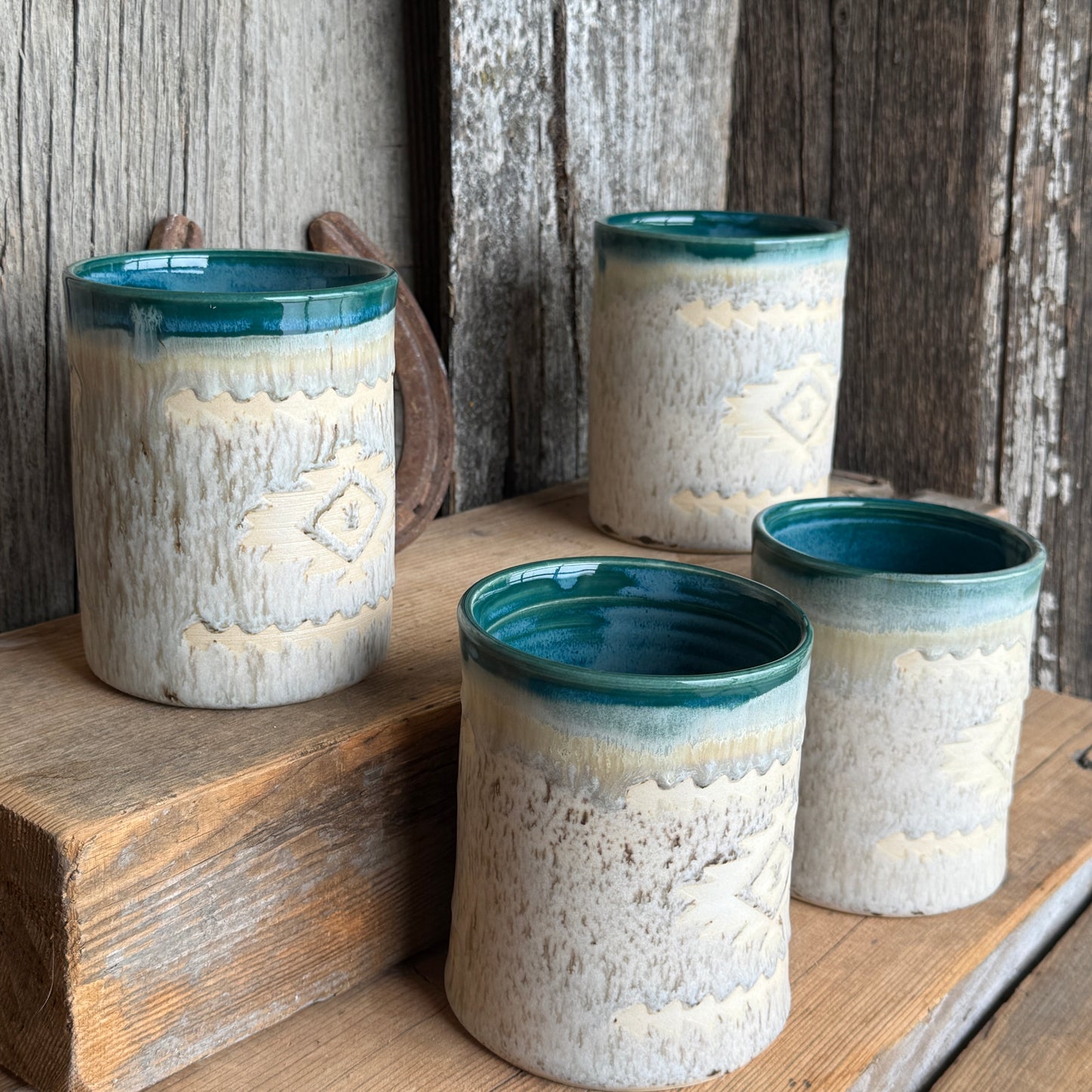 Cup Set of 4 - Southwestern Speckle park and Turquoise Green