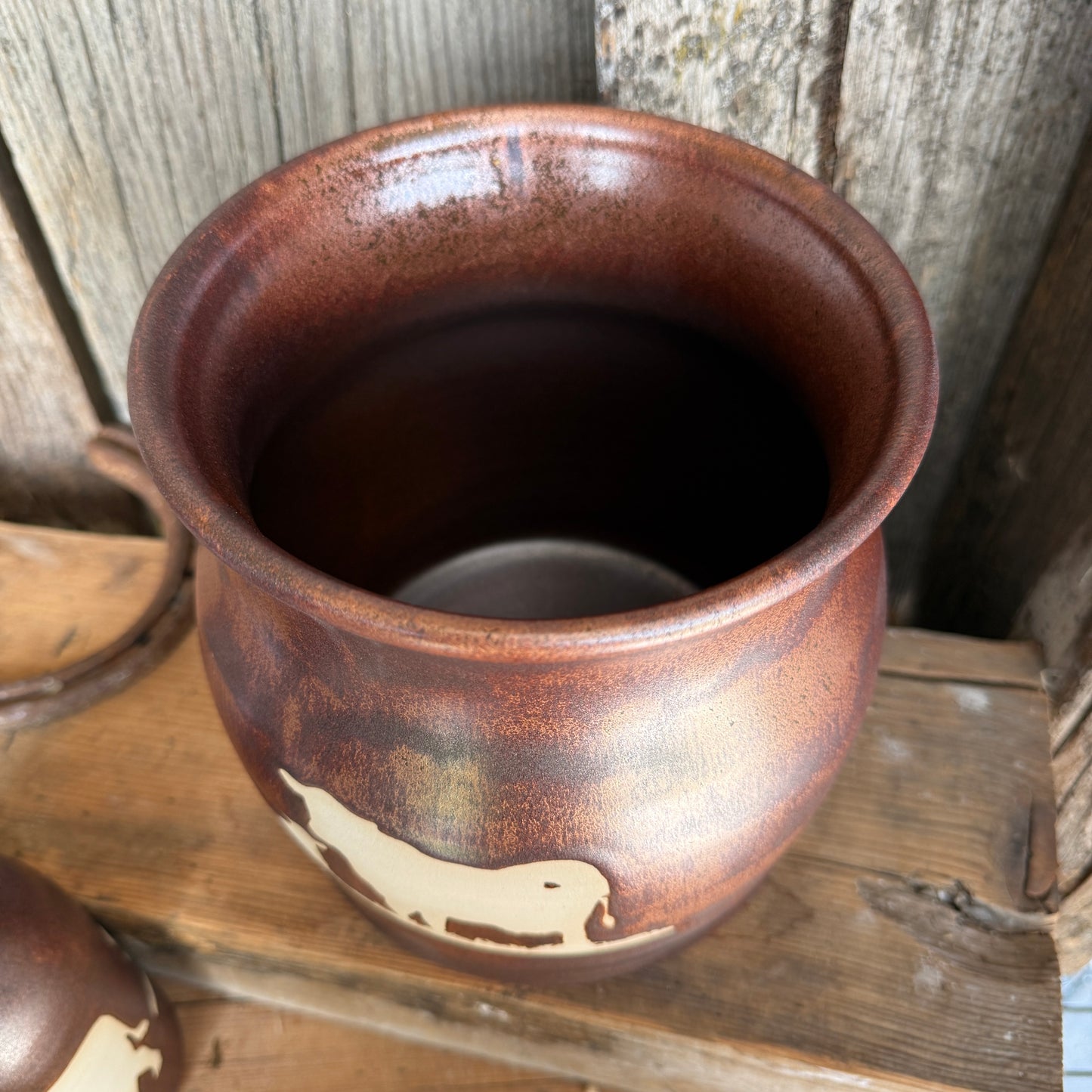 Kitchen Utensil Crock, spoon rest and Oil Bottle - Copper Cattle