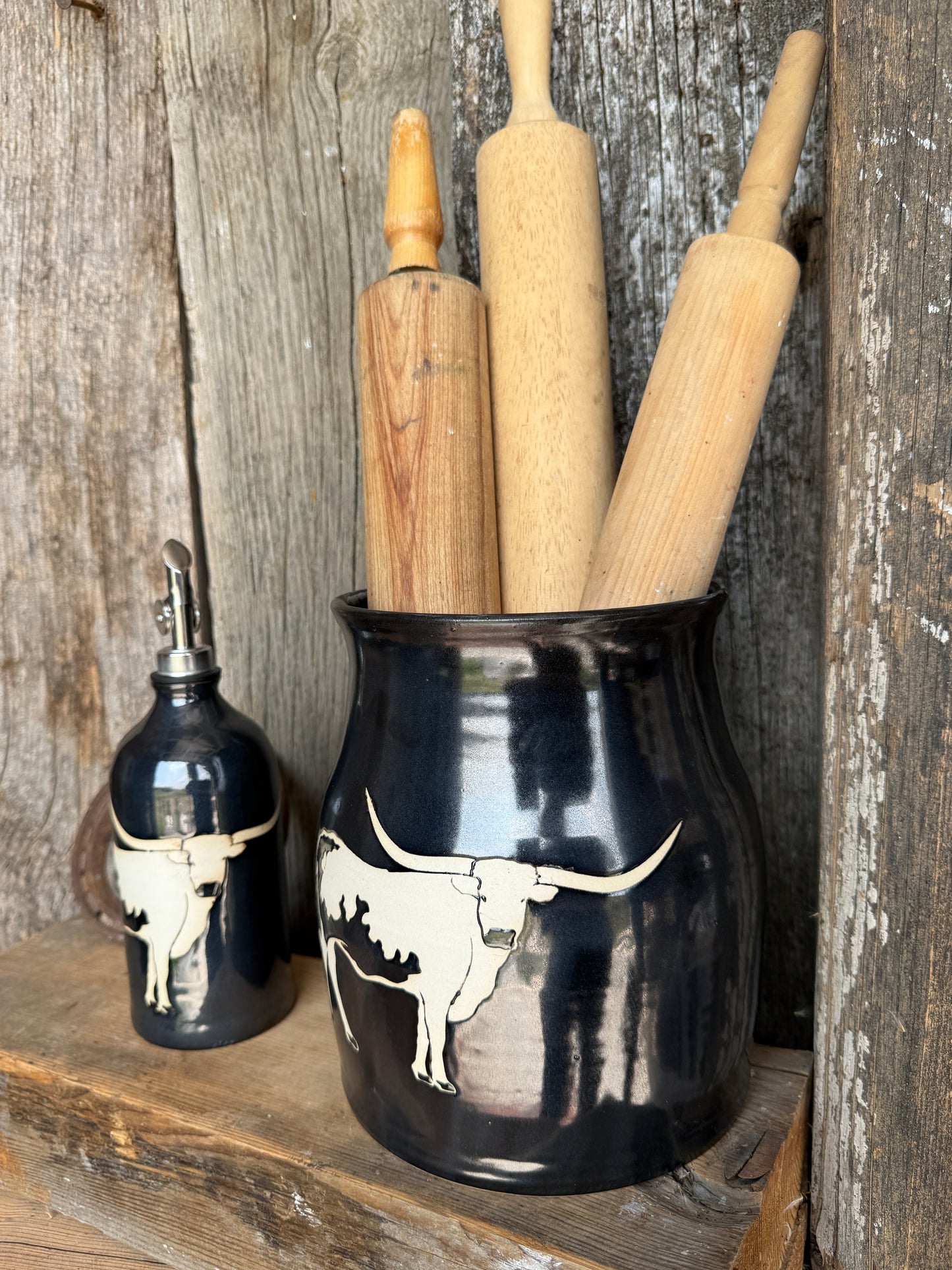 Kitchen Utensil Crock,and Oil Bottle - gunmetal Longhorn